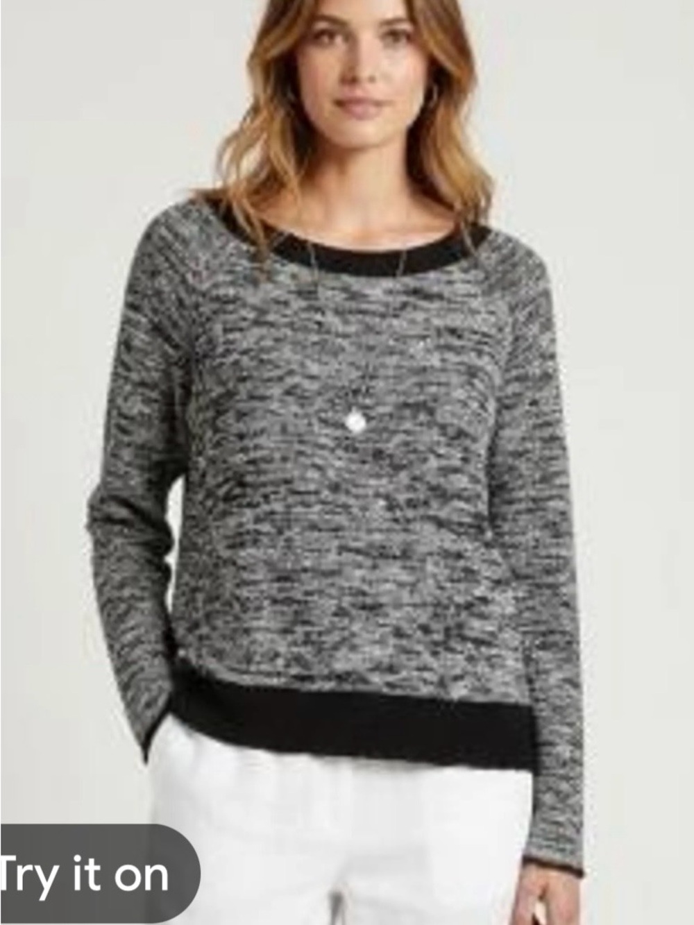 Eileen Fisher Sz S Black Gray White Melange Marled Linen Blend Boat Neck Sweater